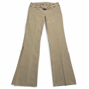 Y2K Clue Tan Super Low Rise Vintage Khaki Flare Pants Blue Beaded Button Detail